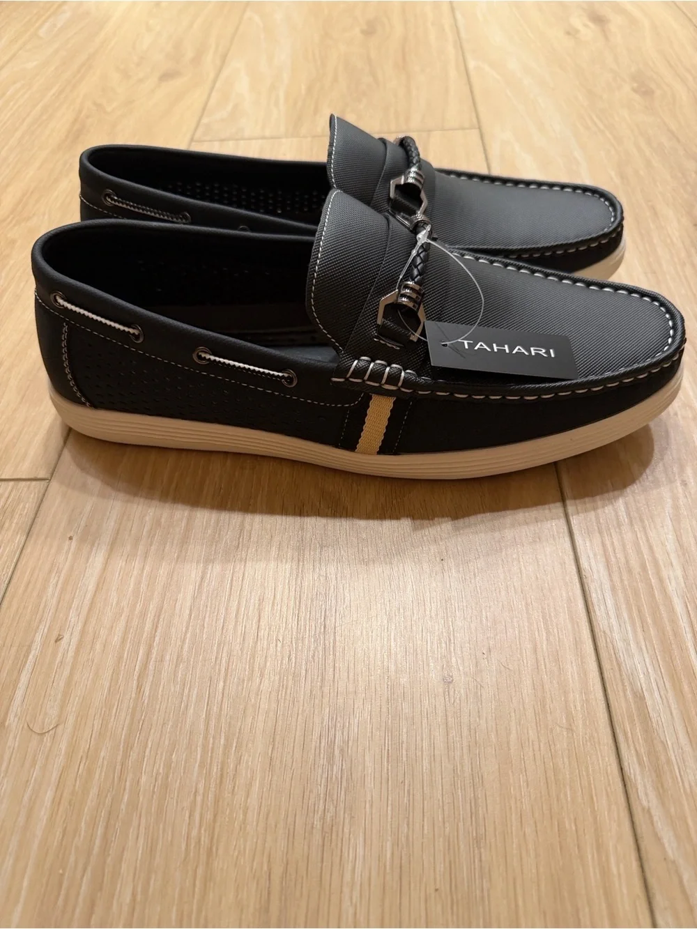 Tahari Black Braided Bit Slip-On Loafers with White Stitching